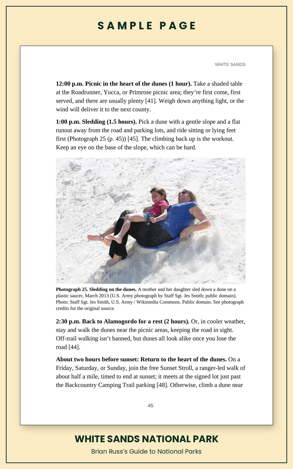 Sample page from the White Sands National Park guide, a day itinerary with times, distances, and a photograph: Sledding on the dunes.