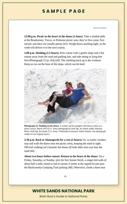 Sample page from the White Sands National Park guide, a day itinerary with times, distances, and a photograph: Sledding on the dunes.