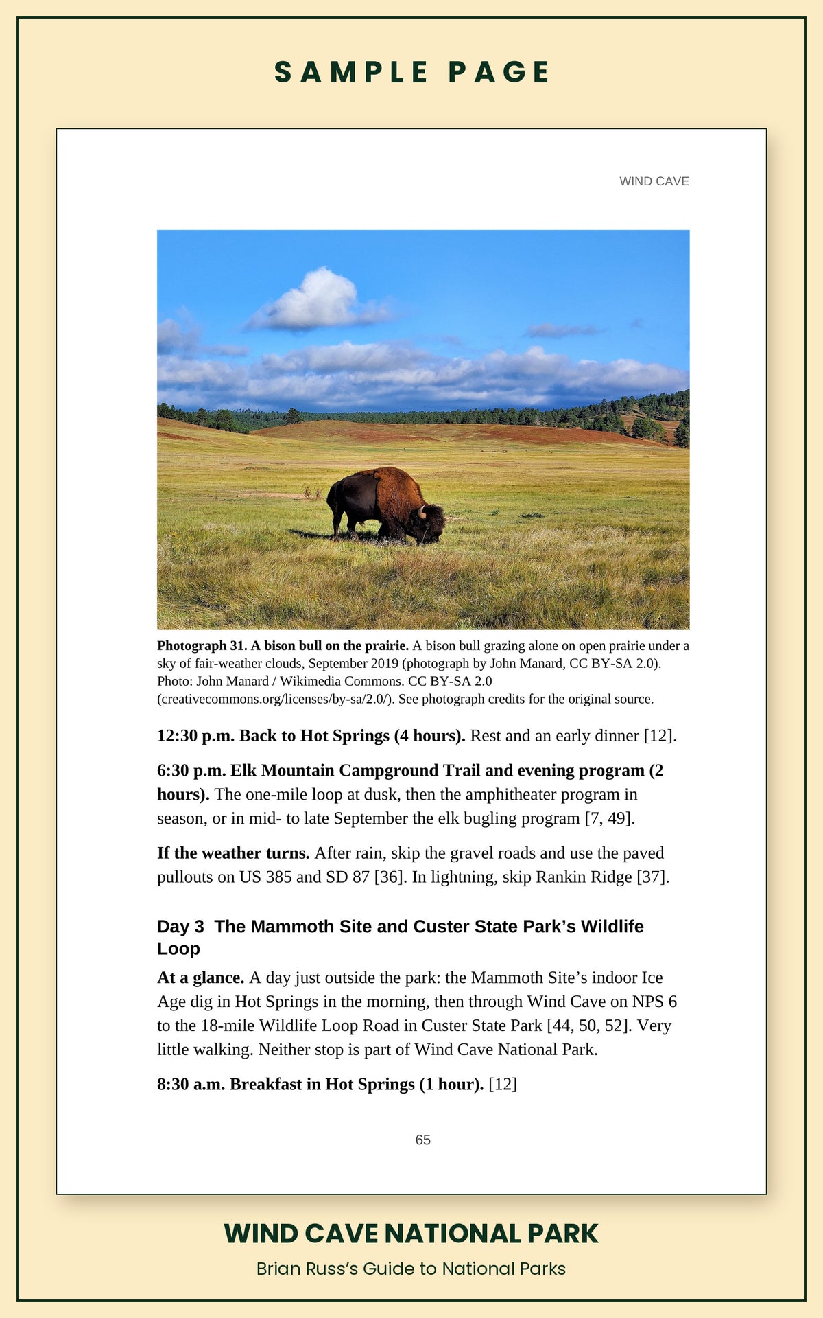 Sample page from the Wind Cave National Park guide, a day itinerary with times, distances, and a photograph: A bison bull on the prairie.