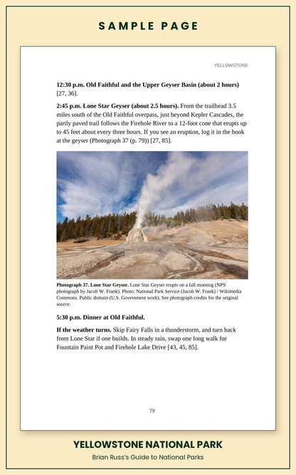 Sample page from the Yellowstone National Park guide, a day itinerary with times, distances, and a photograph: Lone Star Geyser.